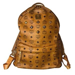 MCM Cognac Visetos Logo Metallic Embellished Backpack Full Size Bag